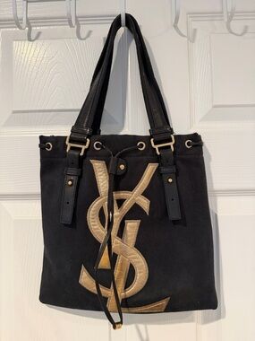 Yves Saint Laurent Black Canvas Tote with Gold Monogram